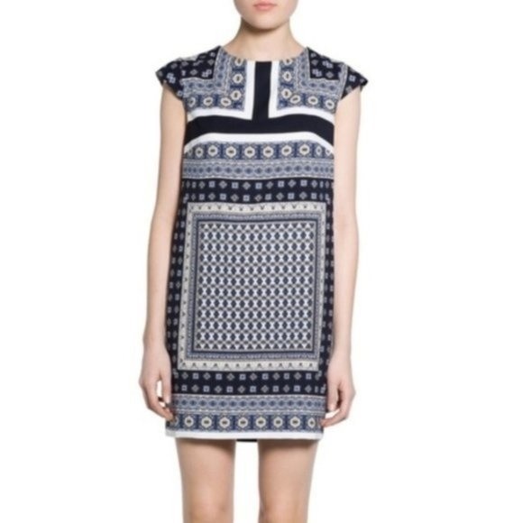 Mango MNG Basics Size XXS Blue Geometric Print Cap Sleeve Handkerchief Dress - Picture 9 of 9